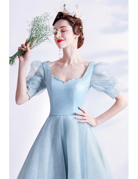 Princess Bubble Sleeved Bling Blue Prom Dress with Sleeves
