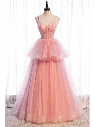 Cute Pink Ruffled Tulle Ballgown Formal Dress with Corset Top