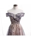 Dusty Purple Grey Long Tulle Prom Dress Off Shoulder with Sequins
