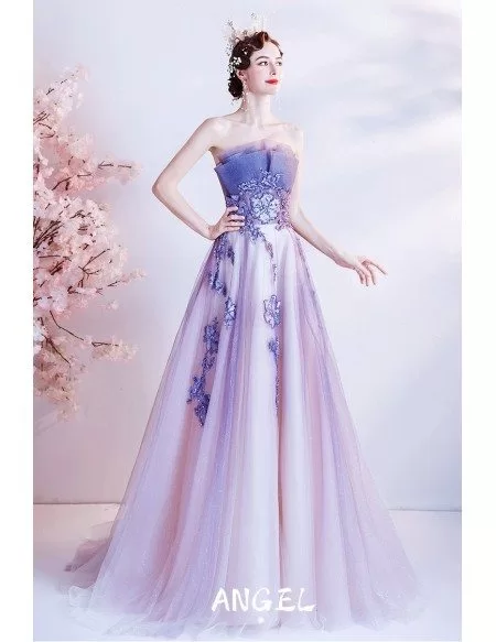 Dreamy Ombre Purple Flowy Tulle Long Prom Dress with Flowers