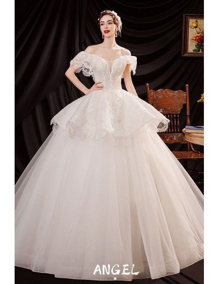 Classical Big Ballgown Wedding Dress Ruffled with Beaded Lace