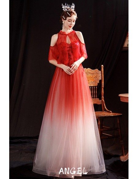 Ombre Tulle Aline Long Sweetheart Prom Dress with Cold Shoulder Jacket