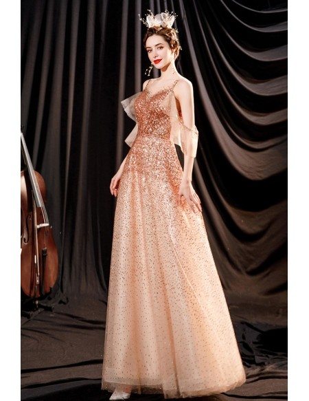 Gorgeous Gold Sequins Long Tulle Prom Dress with Ruffles Cold Shoulder