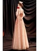 Gorgeous Gold Sequins Long Tulle Prom Dress with Ruffles Cold Shoulder