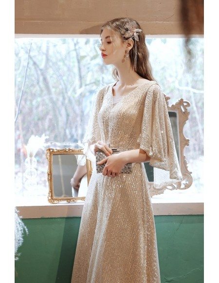 Classy Elegant Formal Long Gold Sequined Dress with Puffy Sleeves
