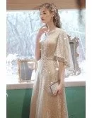 Classy Elegant Formal Long Gold Sequined Dress with Puffy Sleeves
