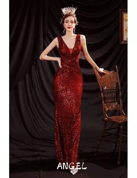 Sparkly Red Sequins Mermaid Formal Party Dress Vneck Sleeveless