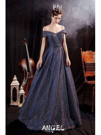 Mistery Bling Blue Sparkly Formal Party Dress with Off Shoulder