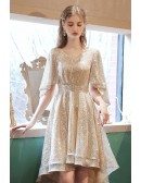 Vneck Gold Sequins High Low Sparkly Party Dress with Dolman Sleeves