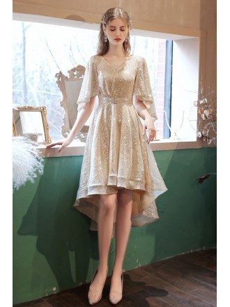 Vneck Gold Sequins High Low Sparkly Party Dress with Dolman Sleeves