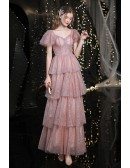 Sparkly Pink Tiered Long Party Dress with Puffy Sleeves