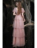 Sparkly Pink Tiered Long Party Dress with Puffy Sleeves