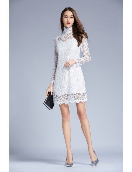 Chic High Neck White Lace Short Weddding Guest Dress With Long Sleeves ...