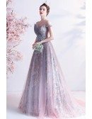 Beautiful Flowers Purple Pink Tulle Long Prom Dress with Off Shoulder Straps