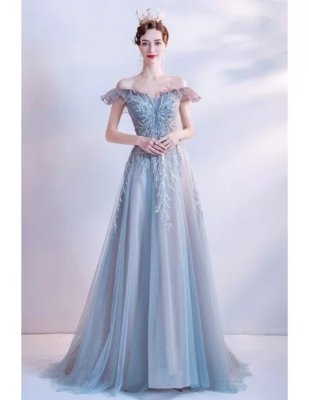 Gorgeous Dusty Blue Tulle Prom Dress with Sequined Off Shoulder