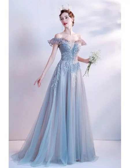 Gorgeous Dusty Blue Tulle Prom Dress with Sequined Off Shoulder