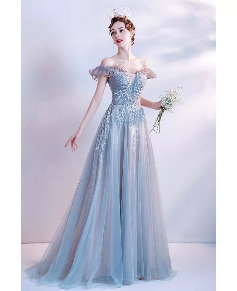 Gorgeous Dusty Blue Tulle Prom Dress with Sequined Off Shoulder ...