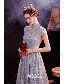 Modest Bling Silver Formal Party Dress with Collar Cap Sleeves