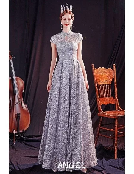 Modest Bling Silver Formal Party Dress with Collar Cap Sleeves
