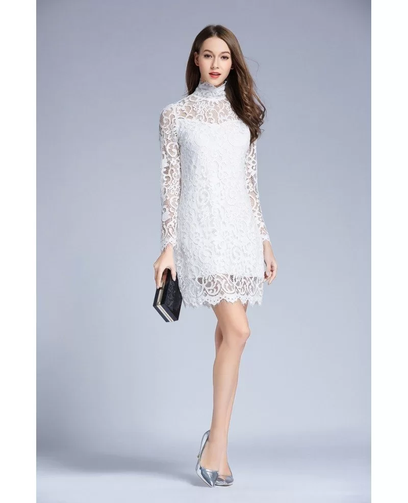 Chic High Neck White Lace Short Weddding Guest Dress With Long Sleeves ...