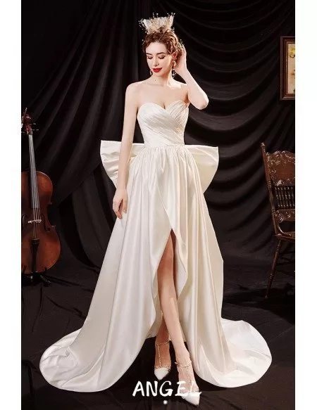 Ivory Satin High Low Sexy Wedding Reception Dress with Big Bow In Back