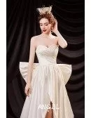 Ivory Satin High Low Sexy Wedding Reception Dress with Big Bow In Back