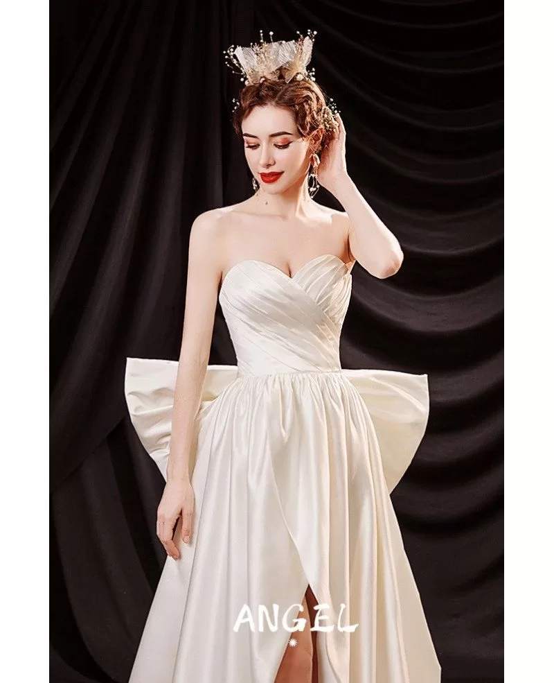 Ivory Satin High Low Sexy Wedding Reception Dress with Big Bow In Back ...