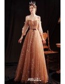 Bling Star Coffee Gold Aline Tulle Prom Dress with Off Shoulder Sleeves