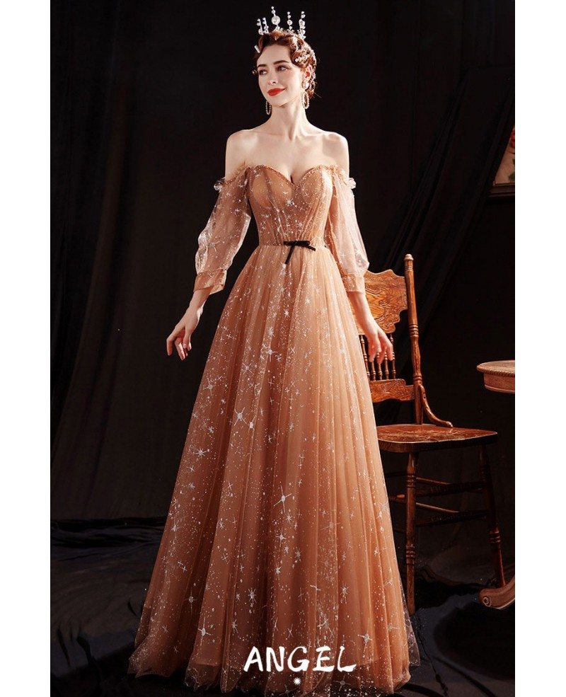 Gold off shoulder tulle long prom dress, gold evening dress – toptby