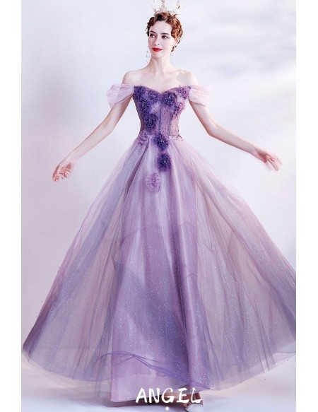 Fairytale Purple Bling Long Tulle Prom Dress with Flowers