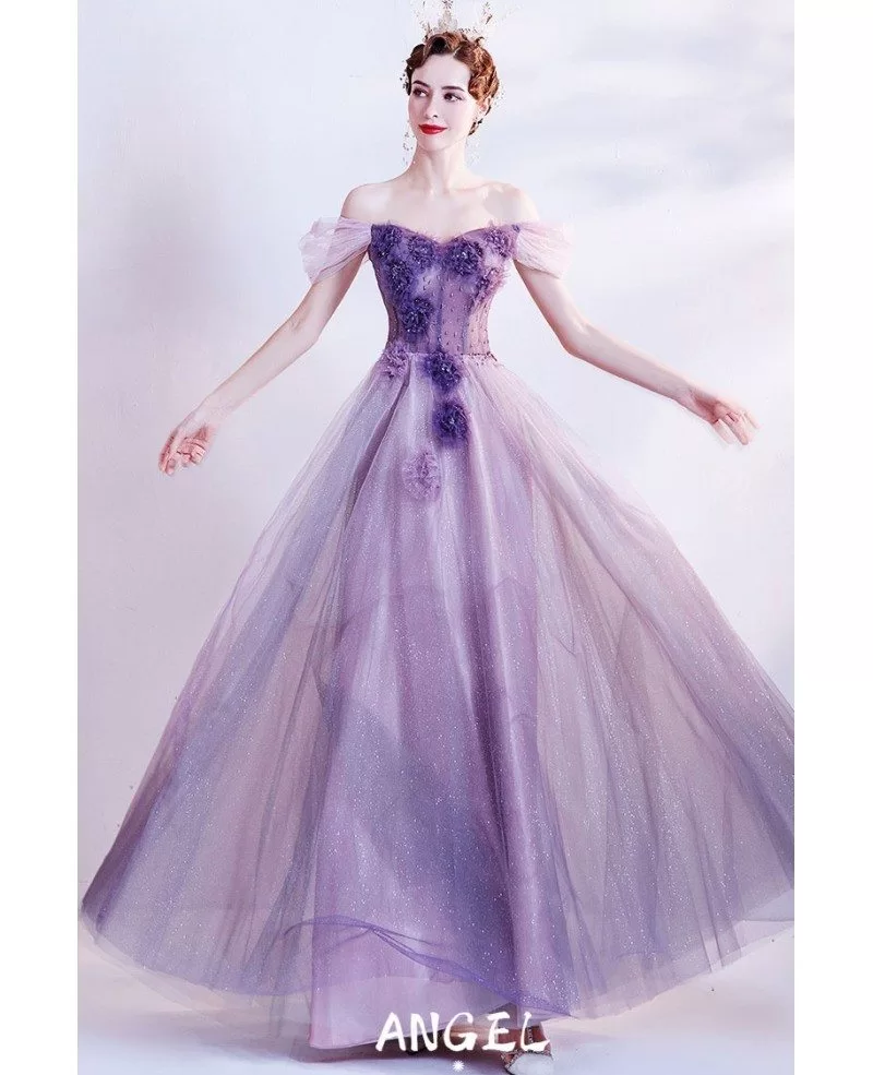 Fairytale Blue Flowers Long Tulle Ballgown Prom Dress #L78142 - GemGrace.com