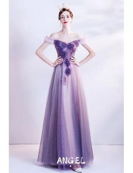 Fairytale Purple Bling Long Tulle Prom Dress with Flowers