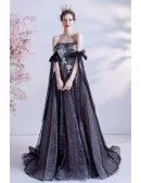Beautiful Bow Knot Straps Long Black Prom Dress with Sequined Flowers