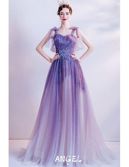 Ombre Bling Purple Tulle Unique Prom Dress with Strappy Straps