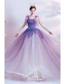 Ombre Bling Purple Tulle Unique Prom Dress with Strappy Straps