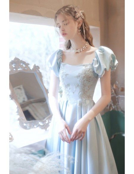Cute Blue Satin Long Prom Dress Square Neckline with Bubble Sleeves ...