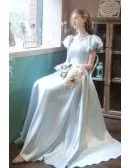 Cute Blue Satin Long Prom Dress Square Neckline with Bubble Sleeves