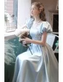 Cute Blue Satin Long Prom Dress Square Neckline with Bubble Sleeves