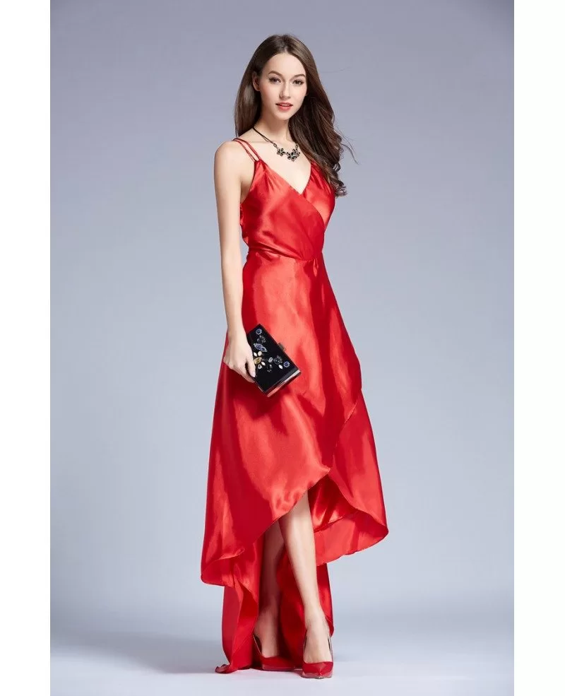 Red Edgy V-neck Asymmetrical Satin Evening Dress #KC183 $62.9 ...