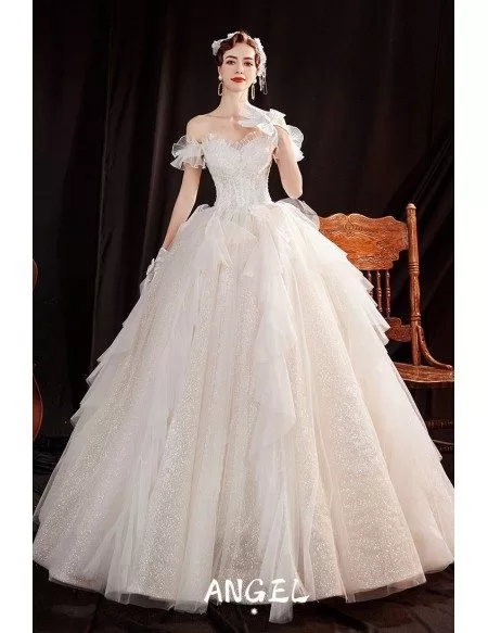 Romantic Bling Big Ballgown Wedding Dress Off Shoulder with Ruffles