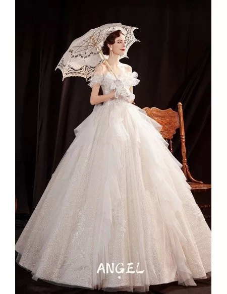 Romantic Bling Big Ballgown Wedding Dress Off Shoulder with Ruffles