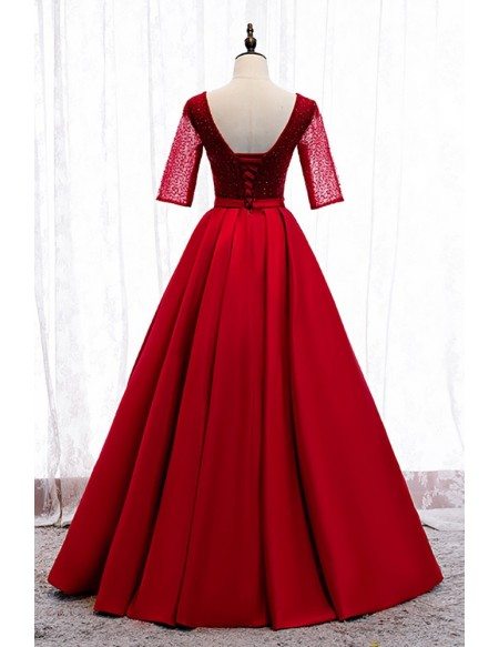 Burgundy Vneck Formal Dress Sequined with Sleeves Sash MX16017 ...