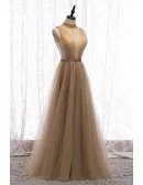 Flowy Champagne Tulle Deep Vneck Evening Prom Dress with Beaded High Neck