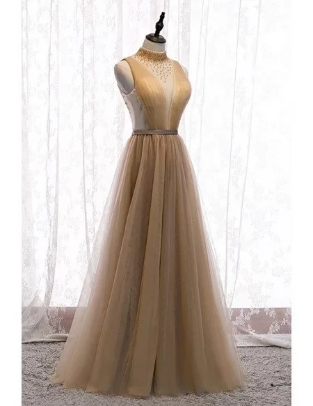 Flowy Champagne Tulle Deep Vneck Evening Prom Dress with Beaded High ...
