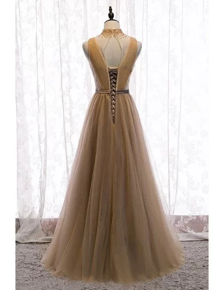 Flowy Champagne Tulle Deep Vneck Evening Prom Dress with Beaded High Neck