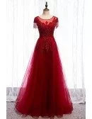 Modest Round Neck Burgundy Aline Tulle Formal Dress with Sequined Appliques