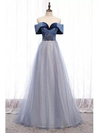 Bling Tulle Blue Off Shoulder Prom Dress with Beaded Pattern