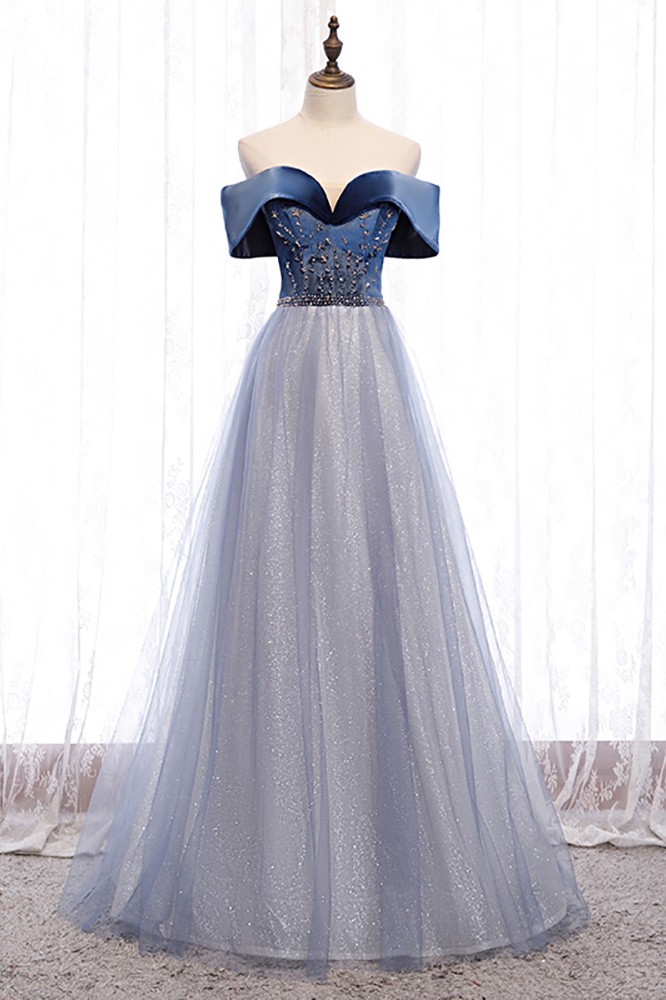 Bling Tulle Blue Off Shoulder Prom 