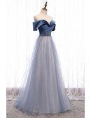 Bling Tulle Blue Off Shoulder Prom Dress with Beaded Pattern