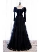 Gothic Formal Long Black Tulle Prom Dress with Long Sleeves